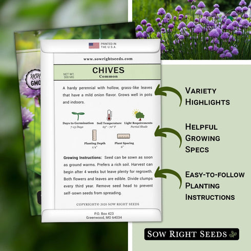 Sow Right Seeds - Common Chives Seed for Planting - Non-GMO Heirloom Packet with Instructions to Plant and Grow Kitchen Herb Garden Indoor or Outd...
