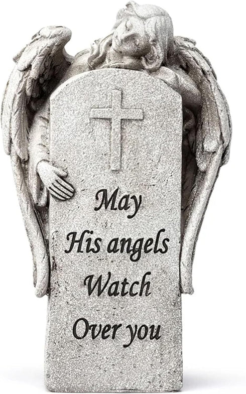 May His Angels Watch Over You Cross Headstone 5.25 x 3.25 x 2.25 inches Natural Grey Resin Stone Memorial Figurine Statue Sculpture, Indoor Outdoo...