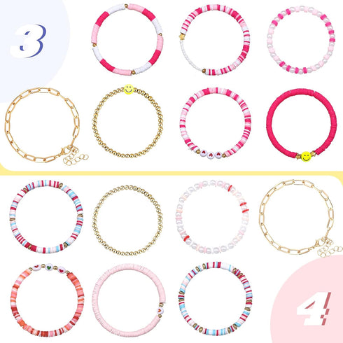 Yaomiao 28 Pcs 4 Set Heishi Surfer Bracelets Set for Women Colorful Preppy Beaded Stretch Bracelet Friendship Bracelets Clay Stackable Boho Disc P...