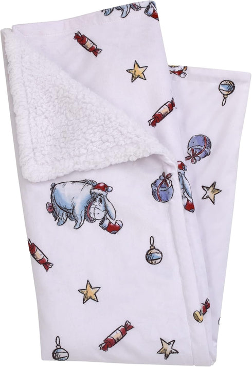 Disney Winnie The Pooh and Eeyore White Christmas Holiday Presents Super Soft Sherpa Baby Blanket...
