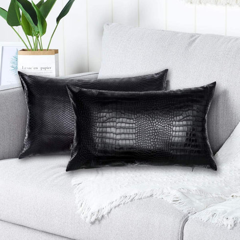 Black Crocodile Skin Faux Leather Pillow Cover - Sofa Cushion Case - Decorative Modern Throw Covers for Living Room & Bedroom - 12x20 Inches - Bla...