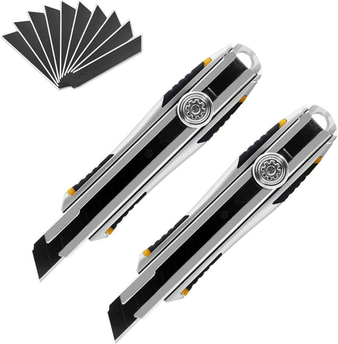 XW Snap-off Utility Knife,18mm Razor Blade Heavy Duty Aluminum Alloy Box Cutter with Ratchet-Lock, Total 12 Black Blades, 2-Pack...