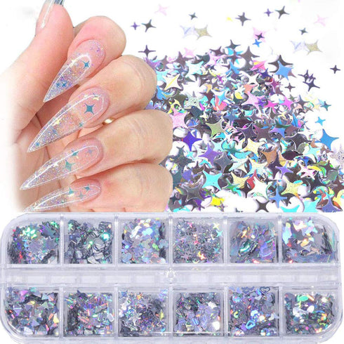 Nail Art Glitter Sequins Nail Art Supplies 12 Grids Holographic Laser Silver Nail Decals 3D Butterfly Letter Heart Nail Art Stickers for Acrylic N...