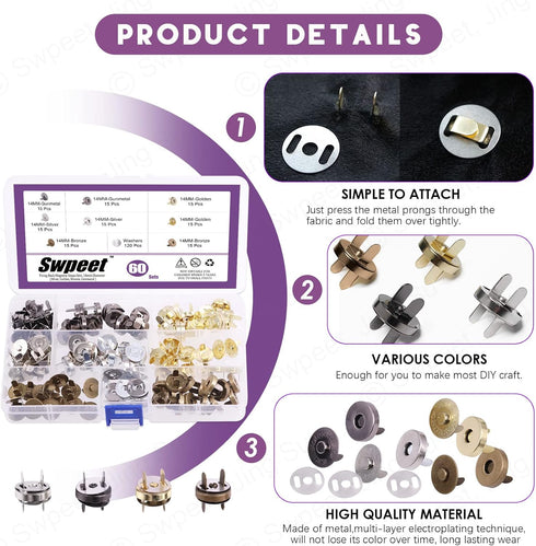 Swpeet 60 Sets Magnetic Button Clasps Snaps, 14MM Metal Fastener Clasps Gold Silver Bronze Black DIY Craft Sewing Knitting Buttons Sets for Sewing...
