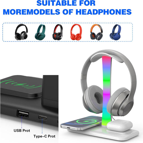 5 in 1 Headphone Stand with 15w Wireless Charger, Fast Wireless Charging Station Headset Holder for iPhone 15/14/13/12/11/XS/XR/X, Air Pods 3/2/Pr...