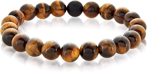 Mens Polished Tiger Eye and Black Matte Onyx Bead Stretch Bracelet (10mm), Brown, One Size...