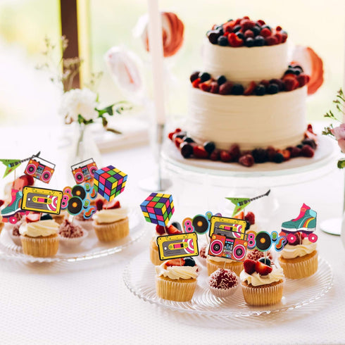 48pcs 80's Cupcake Toppers 80's Retro Cupcake Toppers - Totally 1980s Party DIY Dessert Cupcake Toppers Supplies - 80's Decade Throwback Party Fav...