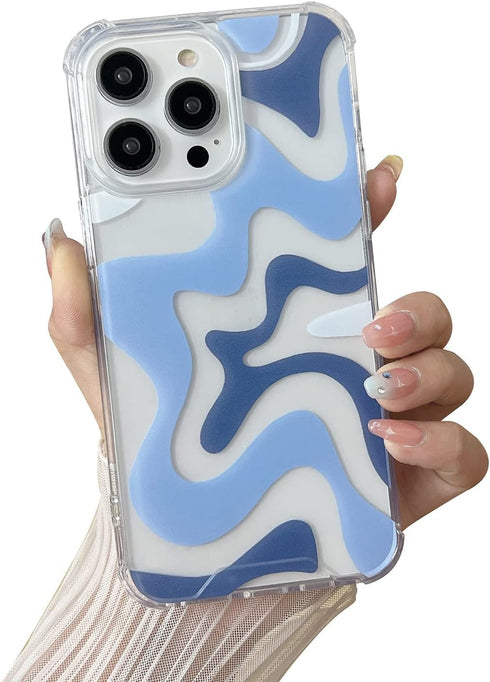 Compatible with iPhone 14 / iPhone 13 Phone Case, Cute Art Wavy Painted for Women Girls, Soft TPU Edge PC Back Protective Shockproof Phone Case-Bl...