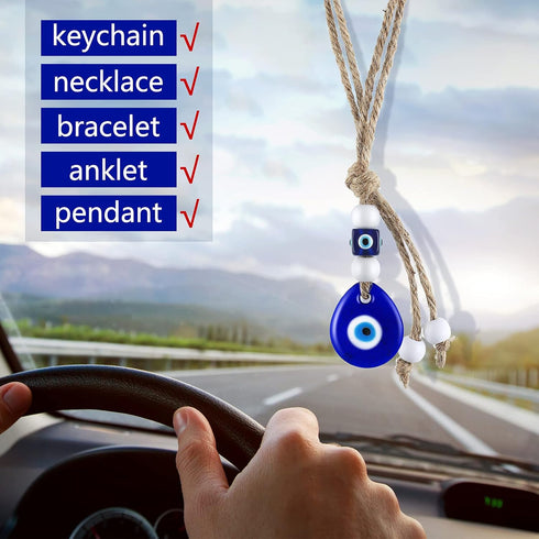 Hicarer 6 Pieces Turkish Blue Evil Eye Beads Charms Glass Evil Eye Pendants Crafting Beads Wall Car Mirror Hanging Decor with Ropes for Keychain J...