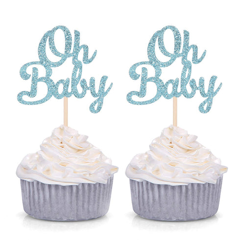Blue Glitter Oh Baby Cupcake Toppers Baby Shower Boy's First Birthday Party Decorations (Pack of 24)...