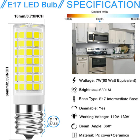 TAIYALOO E17 LED Bulb Dimmable, 7W Microwave Oven Bulb, Daylight White 6000K, 60W Halogen Bulb Replacement for Microwave, Over Stove Appliance, Ra...