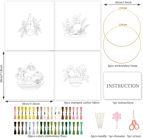 INFUNLY 4 Sets Embroidery kit with Cat Pattern Embroidery Kit for Beginners DIY Beginner Cat Embroidery Set Plant Cat Cross Stitch Kit for Adults ...