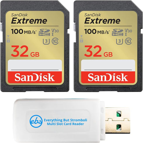 SanDisk Extreme 32GB 2 Pack SD Memory Card Works with Digital Camera, Computer, and Trail Cameras (SDSDXVT-032G-GNCIN) Bundle with Everything But ...