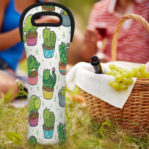 Cactus Cat Wine Bag Neoprene Wine Tote Bags Leakproof Travel Wine Tote with Handle Reusable Cooler Bag for Camping Picnic Travel Wine Lover Gift...