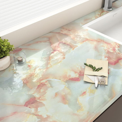Beige Pink Marble Contact Paper Self Adhesive Marble Wallpaper Stick and Peel Waterproof Cream Granite Contact Paper for Countertops Kitchen Cabin...