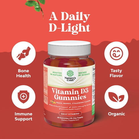 Vitamin D3 Gummies for Daily Wellness - Delicious Vitamin D Gummies for Adults with Vitamin D3 2000IU per Serving for Bone Muscle & Immune Support...