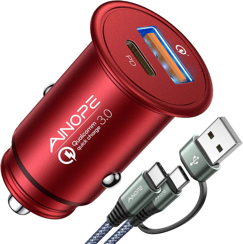 Car Charger USB C 48W AINOPE Super Mini Car Charger Fast Charge Dual Port PD&QC 3.0 All Metal Type C Car Charger Adapter Compatible with iPhone 14...