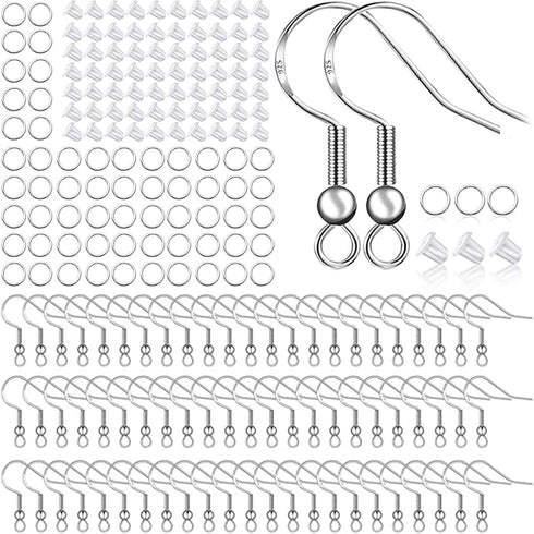 925 Sterling Silver Plated Earring Hooks 150 PCS/75 Pairs,Ear Wires Fish Hooks,500pcs Hypoallergenic Earring Making kit with Jump Rings and Clear ...
