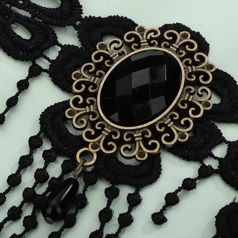 Chargances Stempunk Long Tassle Beaded Necklace Halloween Goth Black Lace Rhinestone Choker Collar Costume Party Prom Vampire Collar for Women and...