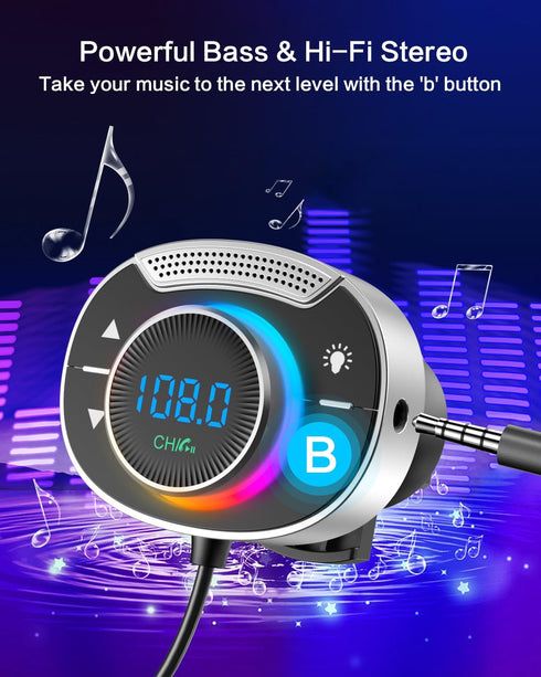 Bluetooth Car Adapter, Fast Charging, 7 LED Colors, AUX Output, U Disk Support, Bluetooth Transmitter, Hi-Fi Bass Sound, FM Radio, Handsfree Calls...