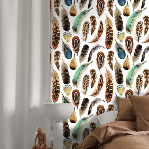 Boho Peel and Stick Wallpaper, 17.71in X 118.1in Self Adhesive Removable WallPaper Brown/Green Plumes Contact Paper Waterproof Decorative Wallpape...