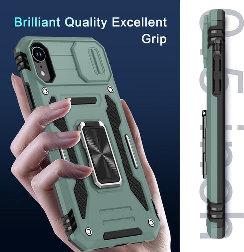 DEERLAMN for iPhone XR Case with Slide Camera Cover+Screen Protector (1 Pack),Rotated Ring Kickstand Military Grade Shockproof Protective Cover 6....