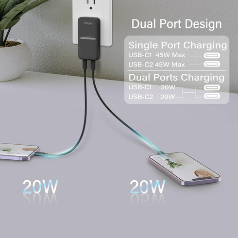 45W USB Wall Charger,Flat Wall Charger,Dual USB C with PD 3.0 & GaN,Folding USB Wall Plug for Traveling,Fast Charging for Laptops,Phones,Support S...