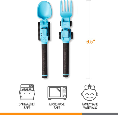 Dinneractive Utensil Set for Kids – Construction Themed Toddler Forks and Spoons, Toddler Utensils – 2-Piece Set – Blue Construction Utensils for ...