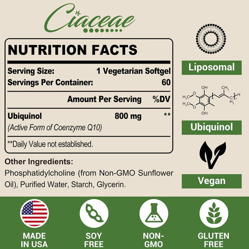 Liposomal CoQ10 800mg Ubiquinol Softgel, Max Absorption Ubiquinol Coenzyme Q10, Ubiquinol CoQ10 Supplement for Antioxidant, Heart Function & Energ...