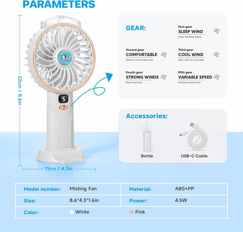 Portable Handheld Fan, Battery Powered Handheld Mini Misting Fan Desk Fan, 5 Speeds Digital Display, Personal Cooling Water Spray Small Fan Gift f...