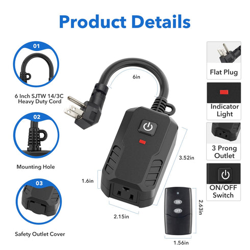BN-LINK Outdoor Remote Control Outlet Plug Black,Indoor Wireless Outlet Switch Weatherproof Heavy Duty 15A 3-Prong Outlet 6-inch Cord 100Ft Range ...