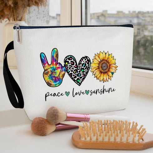 Peace Love Cosmetic Bag for Women Friends Accessories Organizer, Travel Essentials Purse Toiletry Pouch Makeup Bag with Zipper(Peace Love sunshine...