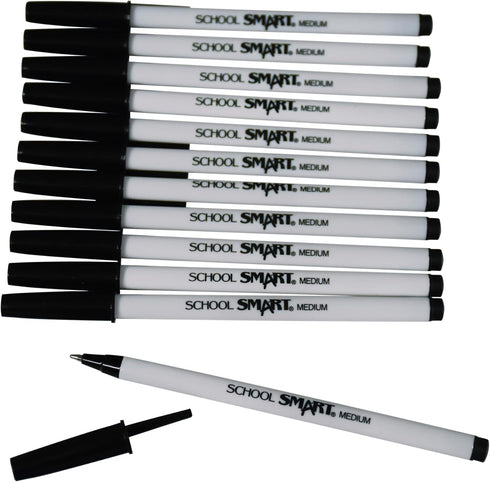 School Smart Round Stick Pen, Medium Tip, Black, Pack of 12...