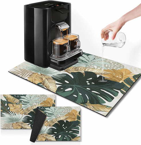Tropical Leaves Gold Coffee Mat for Countertops, Green Palm Dish Drying Mat 2 Pcs for Kitchen Coffee Bar Accessories Fit Under Coffee Maker Espres...