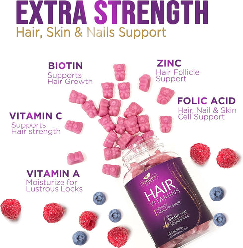 Hair Vitamins Gummies with Biotin 5000 mcg Vitamin E & C Support Hair Growth Gummy, Premium Vegetarian Non-GMO, for Stronger, Beautiful Hair, Skin...