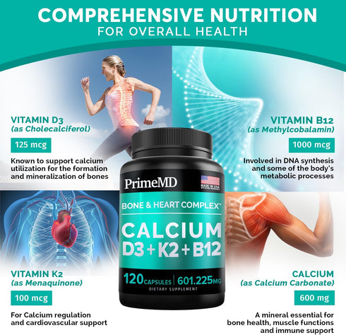 PrimeMD 4-in-1 Calcium Supplements for Women & Men - Calcium 600mg with Vitamin D3 K2 B12 5000 IU Supplement for Heart, Bone & Body Defenses - Glu...