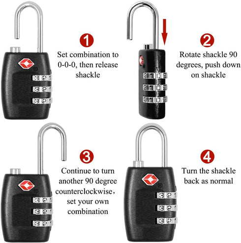DanziX TSA Approved Lock and 4 Colors Stainless Steel Safety Tether?3-Dial Combination Travel Luggage Lock with Lanyard Security Cable for Protect...