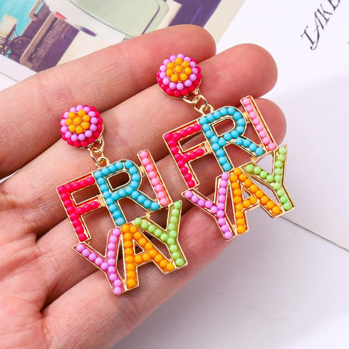 Teacher Earrings for Women Beaded Teacher Drop Earrings Delicate Rhinestone Letter FRI-YAY Books Dangle Earrings Colorful Teacher Appreciation Gif...
