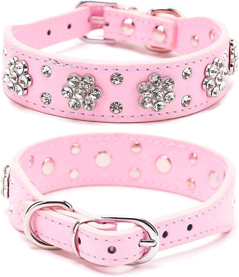 Rhinestone Dog Collar, Cute Flower Rhinestone Cat Dog Collar Bling Collar PU Leather Collar Adjustable Sizes Small Medium Large (S, Pink)...