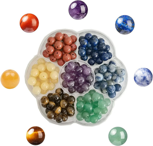 140pcs 7 Chakra Natural Stone Round Beads Crystals Energy Healing Genuine Real Stone DIY Charm Smooth Beading for Bracelet Necklace Earrings Jewel...