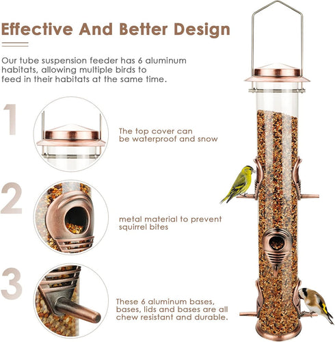 Metal Bird Feeder Tube Hanging Wild Bird Seed Feeder Aluminum Six Port Bird Feeders,1.4 mm Extra Thick Solid Tube Transparent with Steel Hanger Gr...