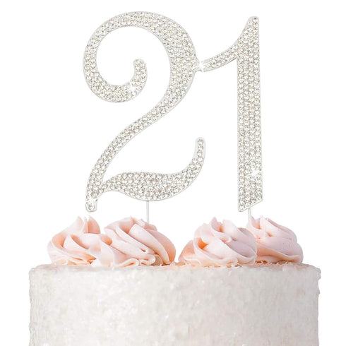 21 Cake Topper - Premium Silver Metal - 21st Birthday Party Sparkly Rhinestone Decoration Makes a Great Centerpiece - Now Protected in a Box...