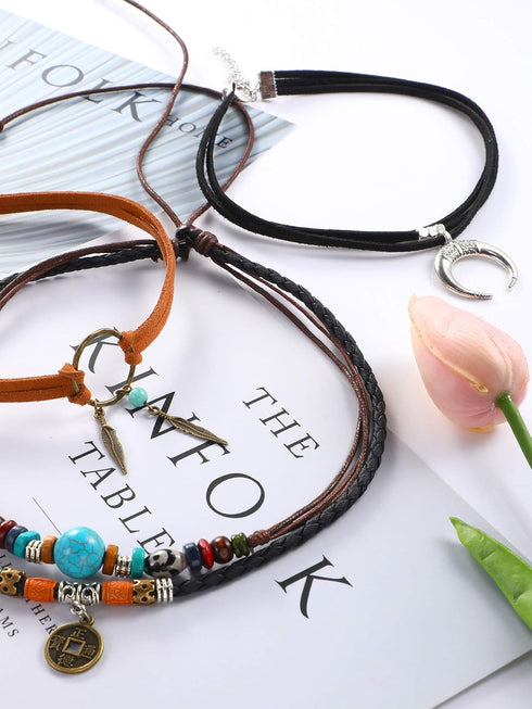 Hicarer 3 Pieces Suede Choker Necklaces American Indian Feather Handmade Necklaces Adjustable Leather Turquoise Choker Necklace Moon Crescent Pend...