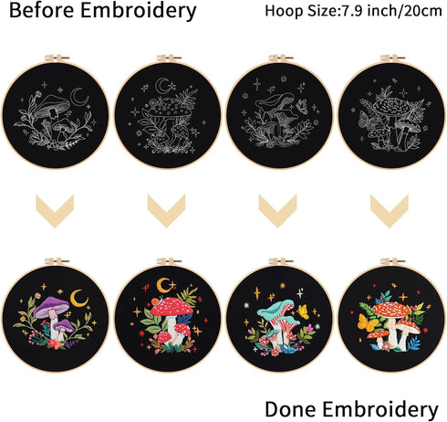 Nuberlic 4 Pack Mushroom Embroidery Kit for Beginners, Starters Cross Stitch Needlepoint Kits for Adults with Stamped Pattern (1 Embroidery Hoops,...