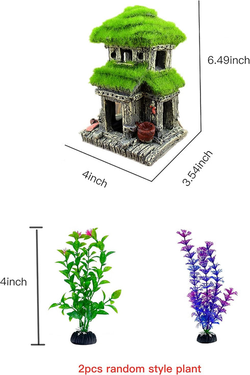 Fish House for Aquarium Aquarium Decorations Fish Hideout Fish Tank House with Lifelike Moss, Come with 2 pcs 4 inch Artificial Aquarium Plants (h...