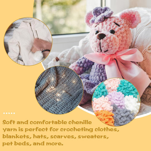 4 * 3.35oz/100g Chenille Yarn, Velvet Yarn, Chenille Yarn for Crocheting, Blanket Yarn with Big Eye Needles, Stitch Markers, Soft Chenille Yarn fo...