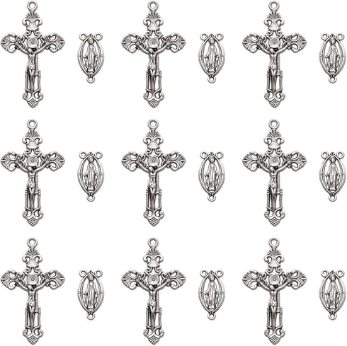 20Pcs Rosary Kits Cross and Center Medal Charms Tibetan Silver Alloy Catholic Jesus Maria Oval Links Pendant for Diy Jewelry Making Supplies...
