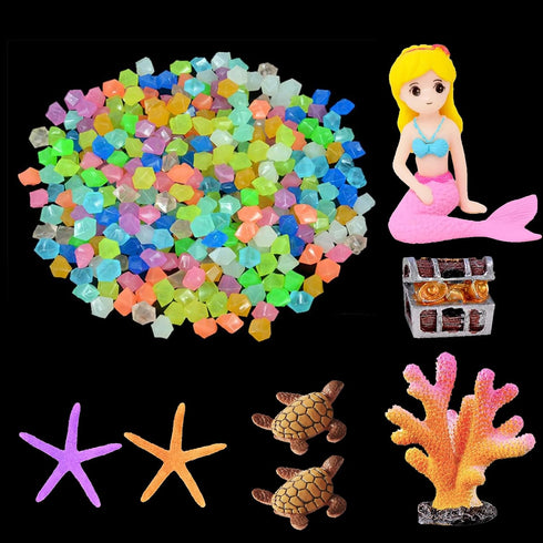 Fish Tank Aquarium Decoration Set, Mini 100pcs Glowing Pebbles Liminous Rocks, Teatle Mermaid Starfish Coral Treasure Chest Ornaments for Micro La...