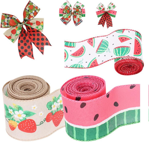 2.5" Watermelon and Strawberry Ribbon,Summer Craft Wire Edged Ribbon,Checks,Polka Dots,Watermelon Slices,Strawberries and Flowers Faux Linen Ribbo...