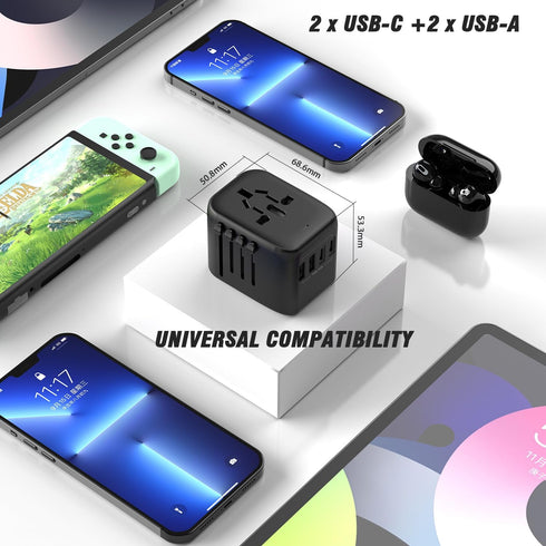 Universal International Power Travel Plug Adapter, 5 in 1 European Travel Plug Adapter W/ 3.5A 2xUSB-A and 2xUSB C Wall Charger and Worldwide AC O...